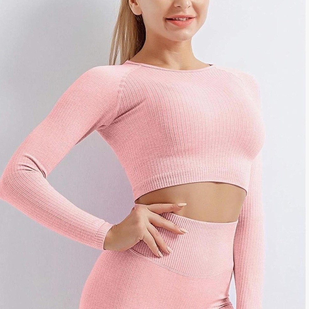 Pink Compression Workout Set Ribbed (top L bottoms M) - Picture 3 of 8